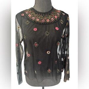 Zara Black Embroidery Long Sleeve Top Shirt Blouse Sheer Size, Small M